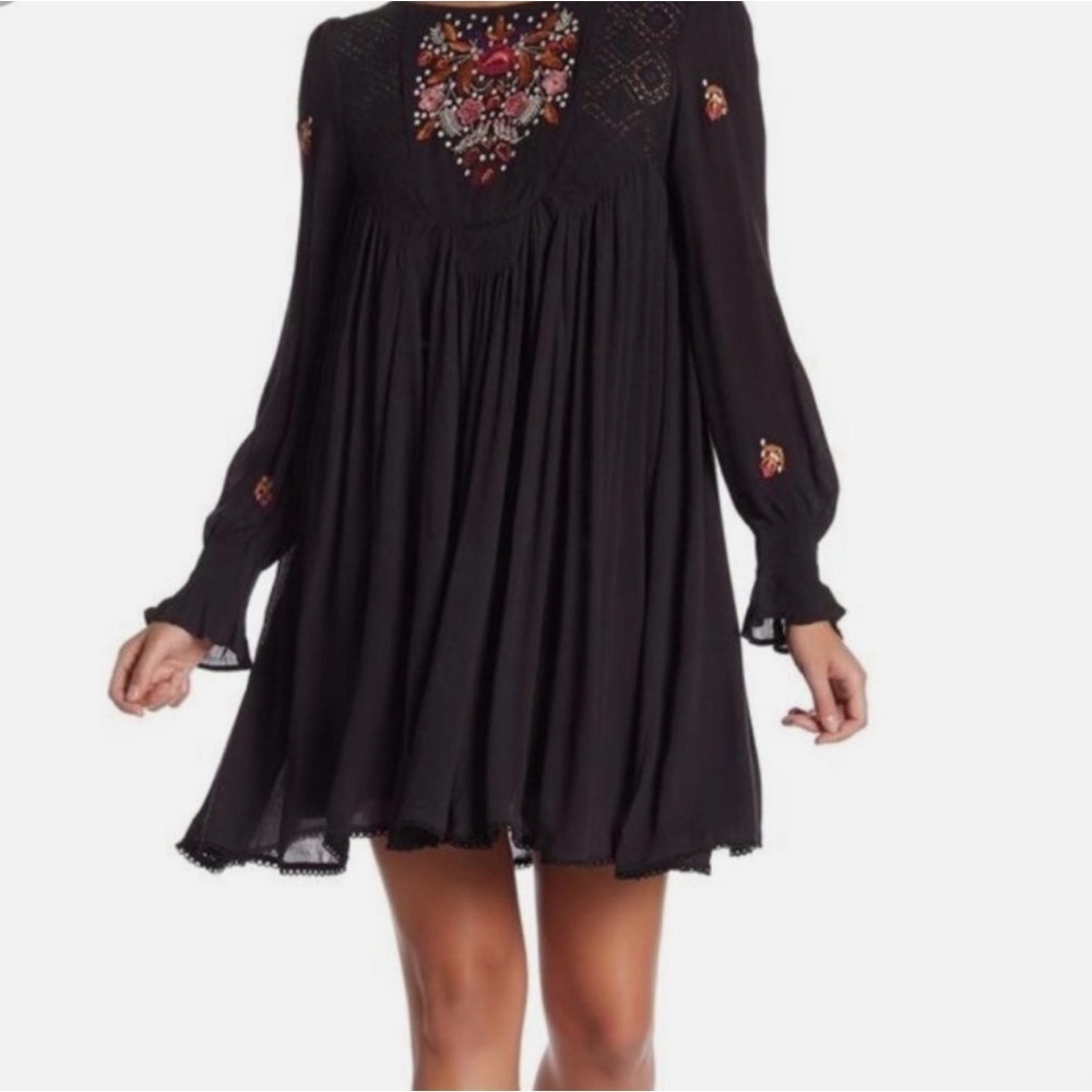 Free People Mohave Embroidery Crepe Mini Dress in Black, Small, Boho, Hippie